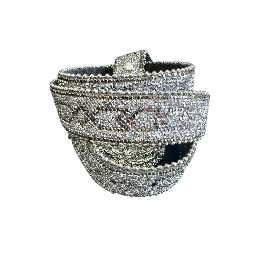 Womens Silver Rhinestone Western Belt Genuine Leather Crystal Buckle M/L 6529